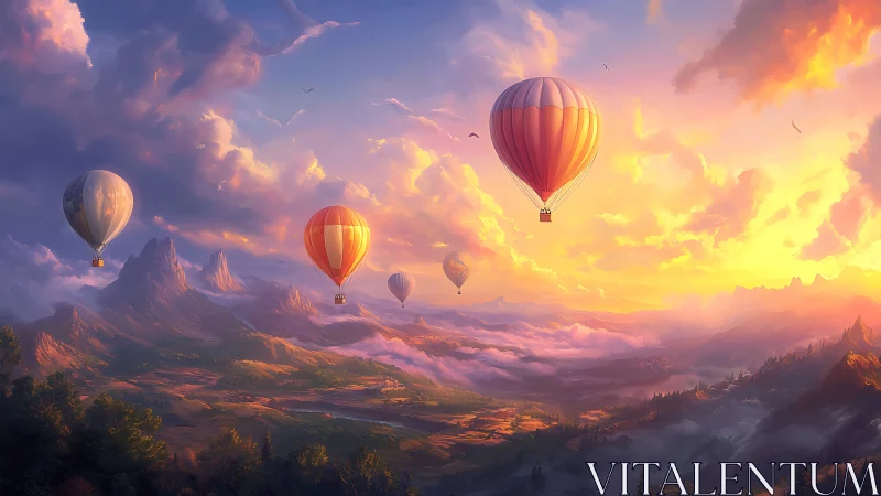 Hot air balloons over layered mountains at sunrise.