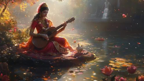 Woman in ornate dress plays guitar beside lotus pond