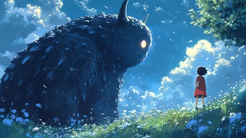 Gentle moonlit monster quietly meets a brave child in bloom