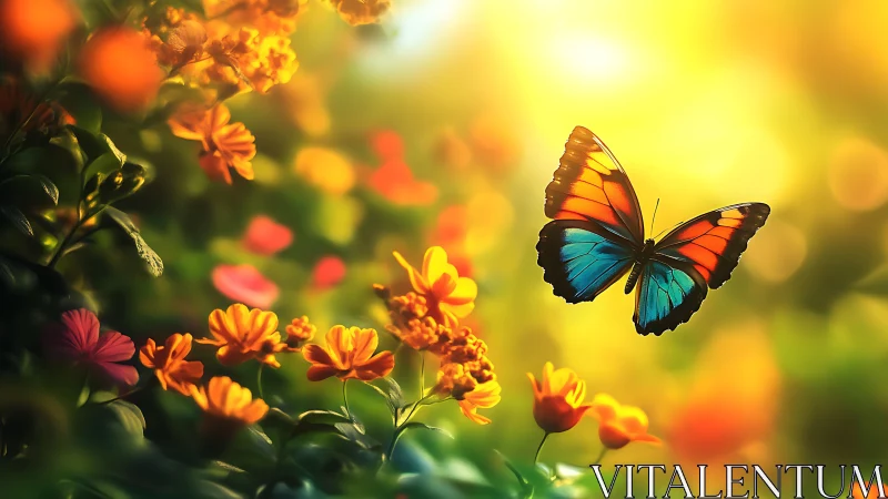 Chromatic butterfly in luminous macro flower field at dawn.