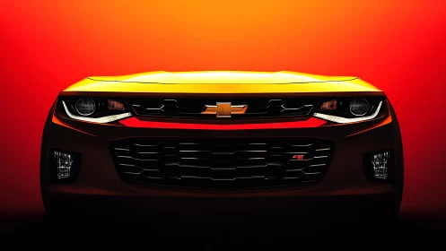 Bold yellow sports car glows against a vivid orange sunset