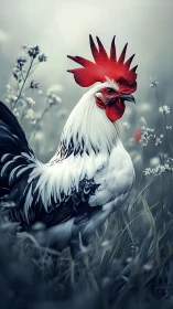 Majestic Rooster in Misty Field with Flowers.