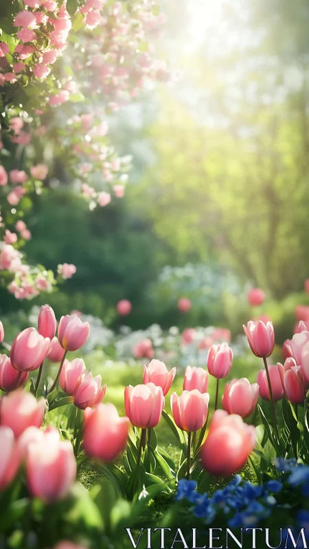 Pink Tulips Dance Through Sunlit Garden Paradise