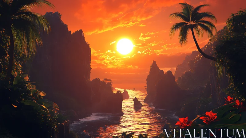 Vivid tropical coastline under intense orange sunset light.