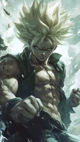 Muscular anime fighter stands in dynamic frontal pose