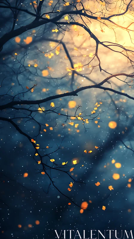 Bare branches with glowing leaves against diffuse night light
