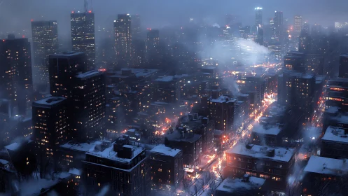 Winter urban skyline under snowfall with glowing streetlights.