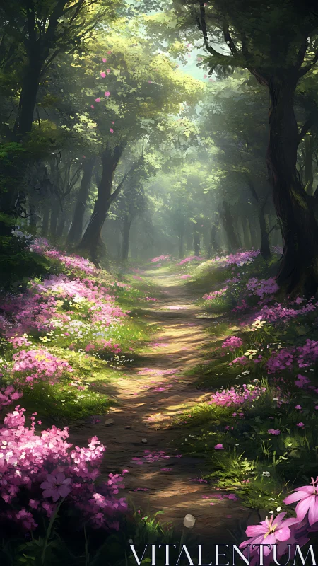Enchanted Forest Path Blooming with Pink Flowers
