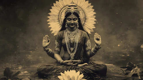 Golden calm in a lotus pond with a serene seated goddess.