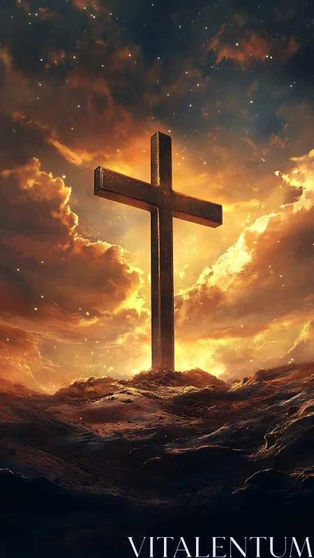 Digital painting of luminous cross above storm sea horizon.