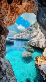 Sunlit seaside cave opening onto crystal blue waters.