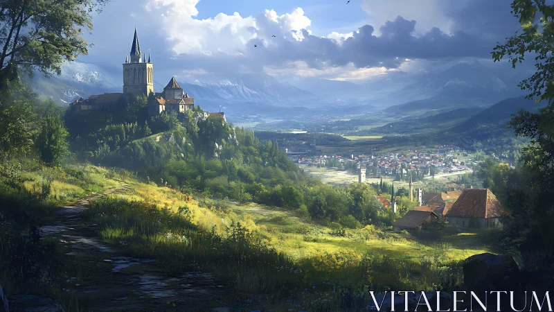 Hilltop church overlooks valley town under broken clouds