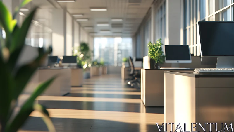 Modern open office interior shows rows of desks and monitors