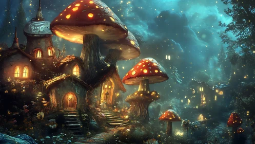 Bioluminescent mushroom village with glowing fairy-tale cottages