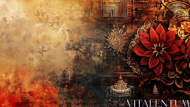 Red floral mandala contrasts with ornate bronze temple forms.