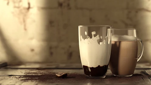 Photoreal latte glasses with splash effect on rustic table.