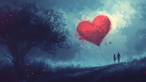 Luminescent cardiac silhouette suspended above silhouetted figures landscape.