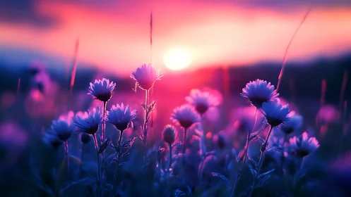 Wildflowers bloom in a vibrant sunset landscape