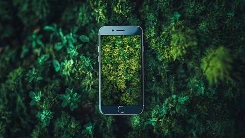 Smartphone screen mirroring lush green forest ground.