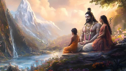 Hindu sage teaches child beside river in mountain valley.