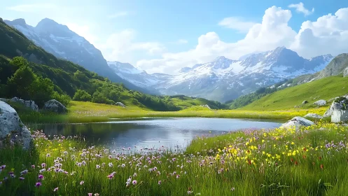 Gentle mountain lake embraced by sunlit wildflower meadows.