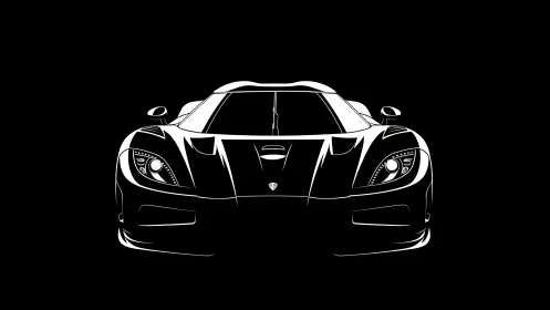 Monochrome hypercar frontal elevation in high-contrast vector.