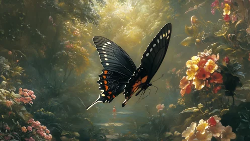 Black swallowtail butterfly drifts through glowing forest garden