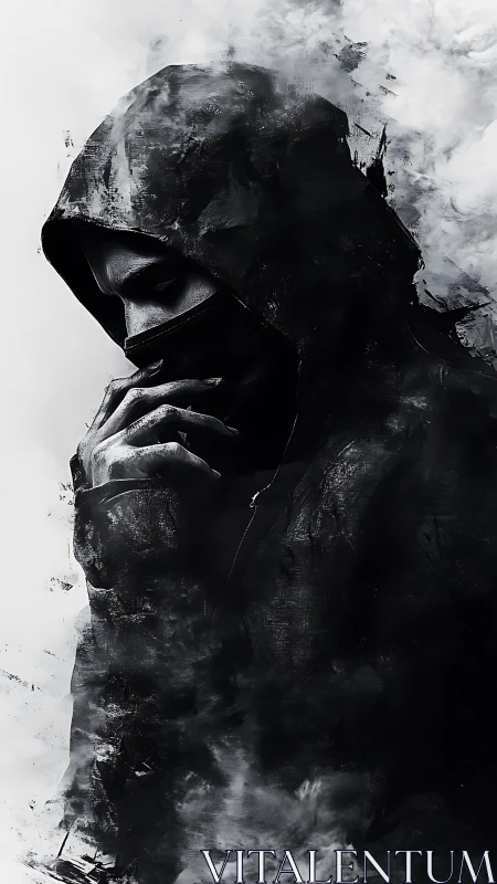 Hooded monochrome figure dissolves into abstract smoke textures
