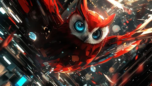 Chromed midnight owl rockets through a neon data storm