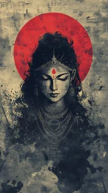 Digital painting of serene goddess icon with red solar halo.