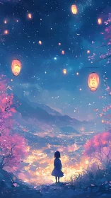 Girl watches lanterns drift above a glowing valley town