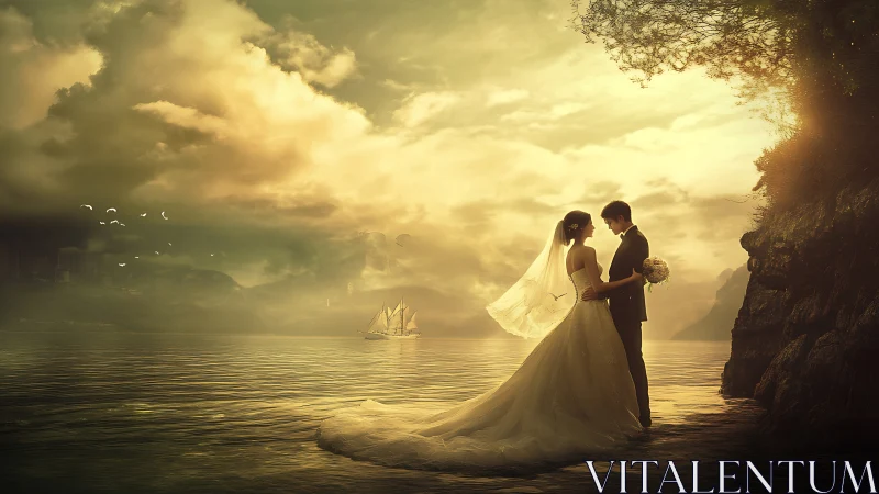Bride and groom stand embracing on golden lakeshore at dusk