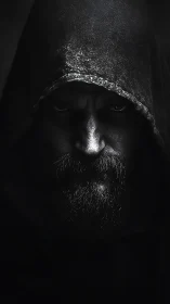 Hooded bearded man stares forward in harsh low key light