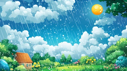 Sunny rainshower brightens a colorful countryside garden