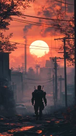 Lone armored wanderer crossing molten urban wasteland at dusk.