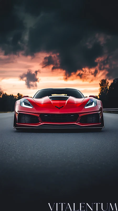 Crimson supercar prowls stormlit highway at dusk in defiance.