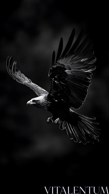 Monochrome eagle in dramatic midair descent over void sky.