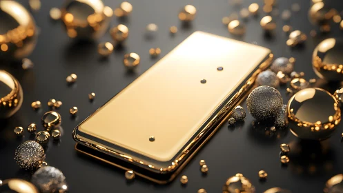 Gilded smartphone drifts through a constellation of golden orbs.