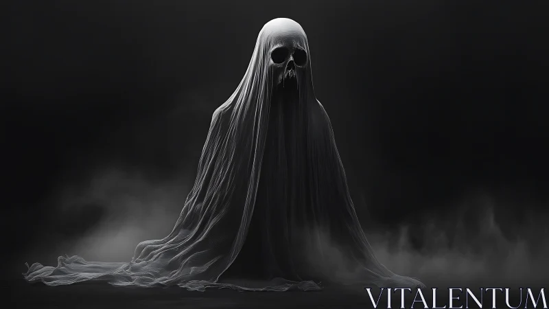 Veiled skull wraith rising from mist in dark void.