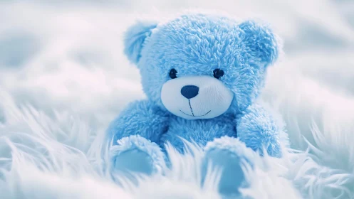 Blue plush teddy bear resting on soft white fur blanket.