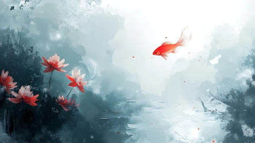 Scarlet koi drifting above misty lilies in pale twilight.
