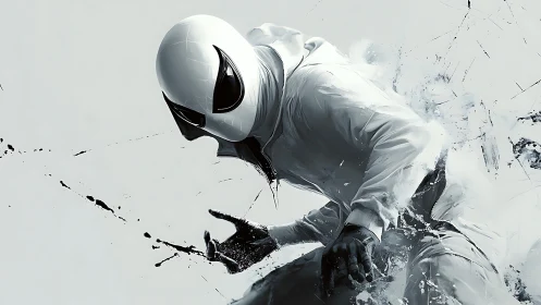 White-clad masked figure in dynamic motion on pale ground.