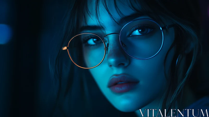 Midnight reflections in round glasses and neon glow.