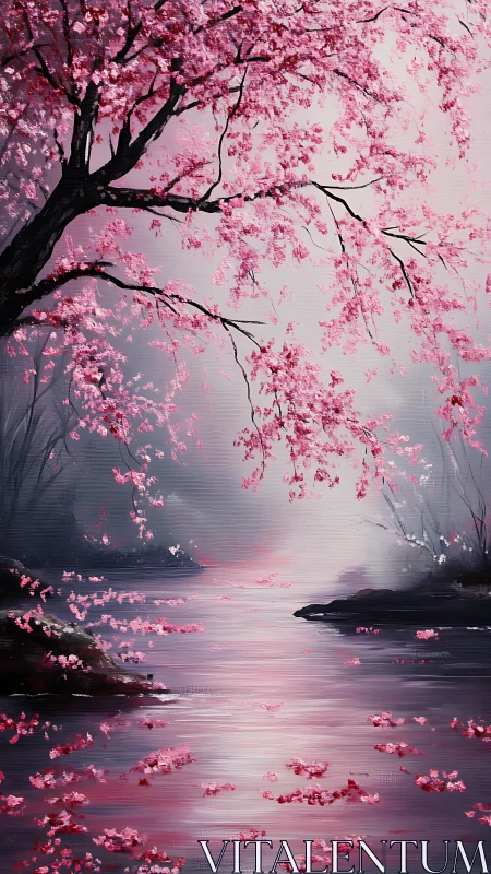 Pink blossom tree over misty river in tranquil landscape.