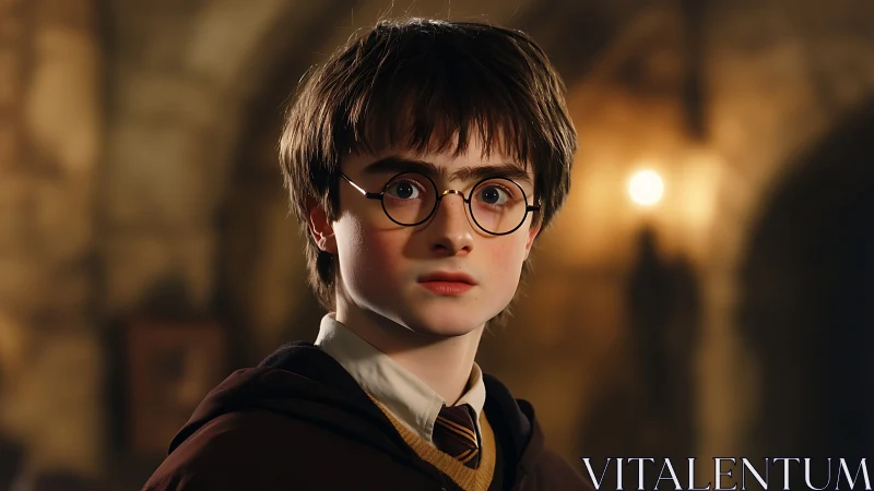 Young wizard student in robe with glasses, indoors scene.