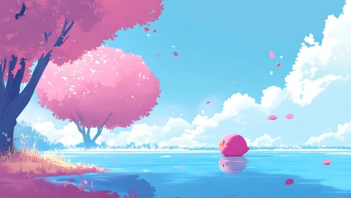 Serene pink lakeside with stylized bird and cherry canopy