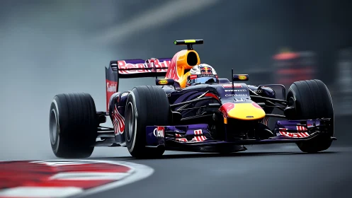 Formula race car moves on wet circuit with visible motion blur
