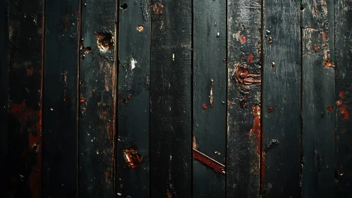Weathered dark wooden planks with rusted metal details.