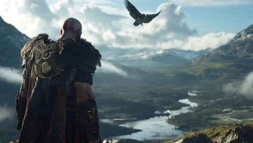 Armored warrior overlooking glacial valley with soaring bird
