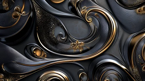 Parametric black and gold baroque swirls with metallic filigree